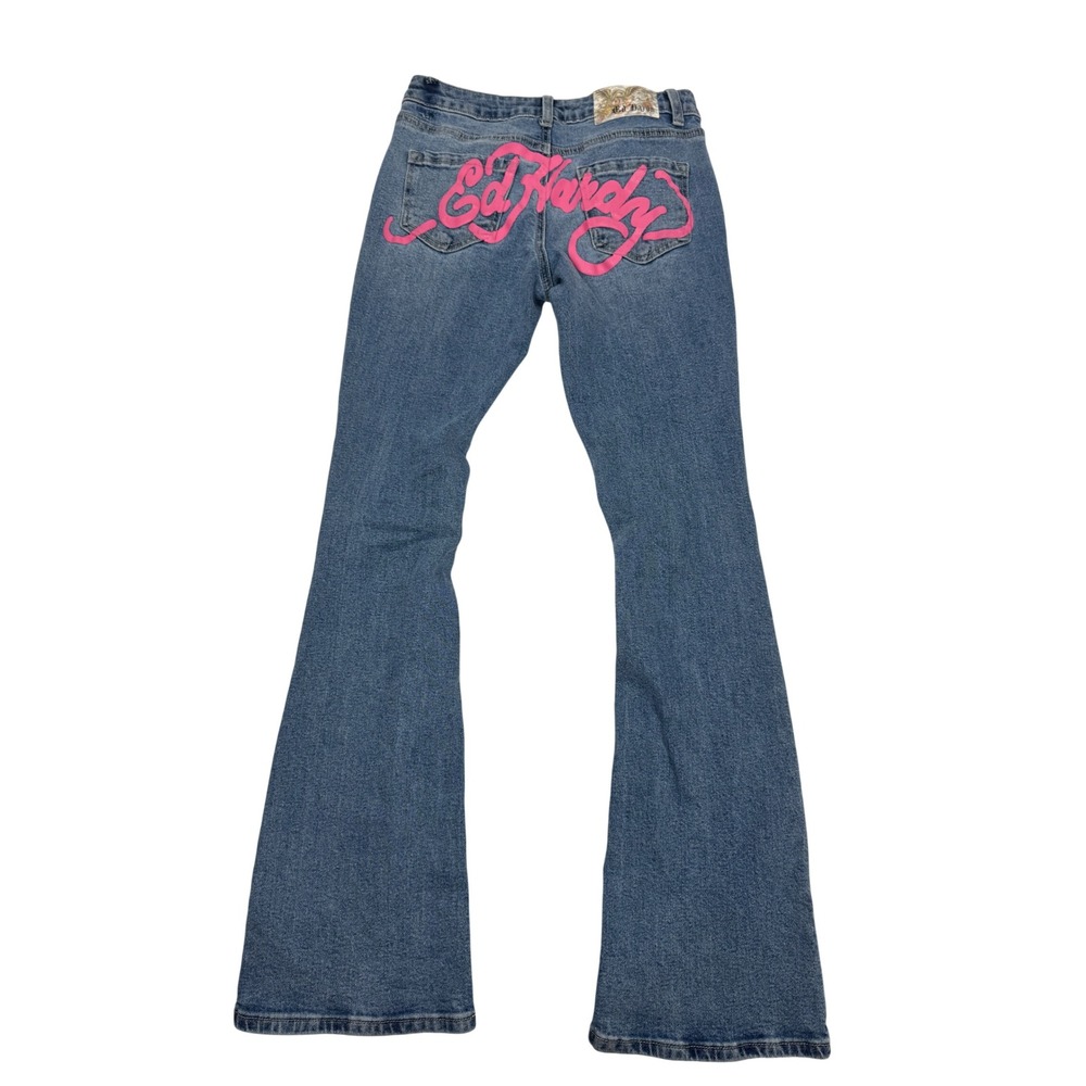 Ed Hardy Y2K Low Rise Flare Jeans Womens 26 Skull Rose Tattoo Graphic Logo Denim - Picture 3 of 8